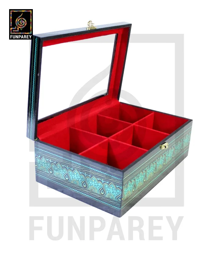 Wooden Jewelry Box with Partitions & Window 8/12 with Lacquer Art