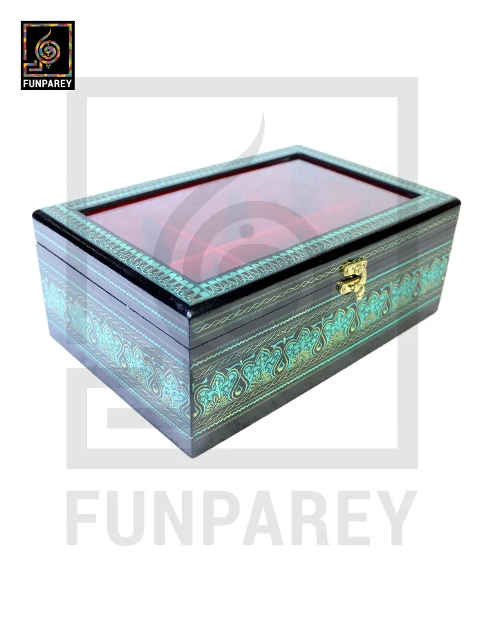 Wooden Jewelry Box with Partitions & Window 8/12 with Lacquer Art