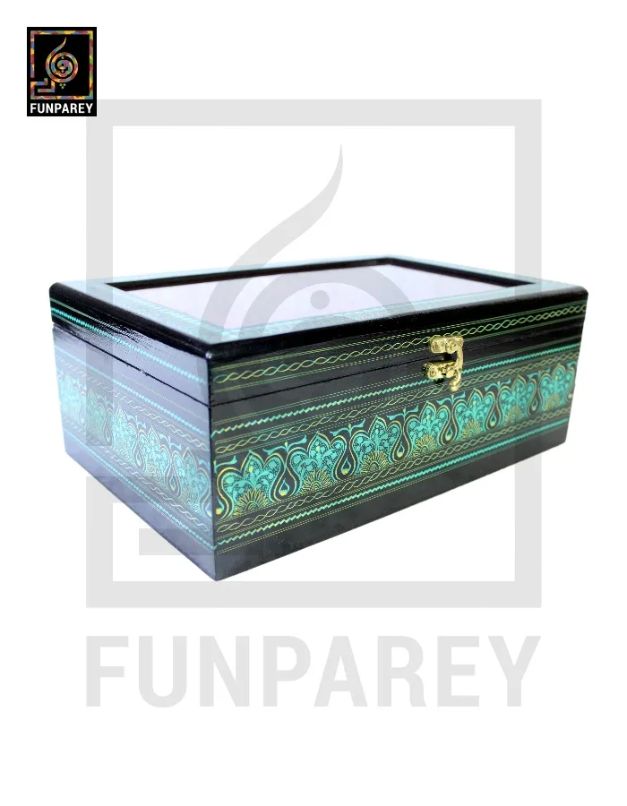 Wooden Jewelry Box with Partitions & Window 8/12 with Lacquer Art