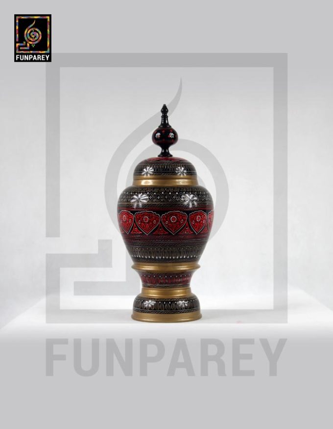 Hand Carved Candy Jar 16" with Nakshi Art Red