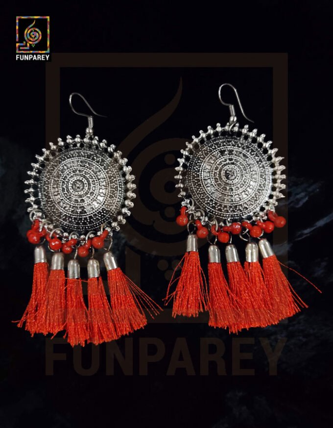 Oxidized Metal Round Antique Earrings "Red Tussle"