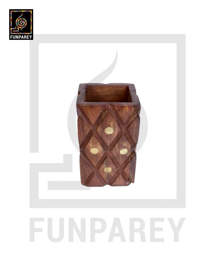 Hand Carved Square Shaped Wooden Accessory jar with Brass Work