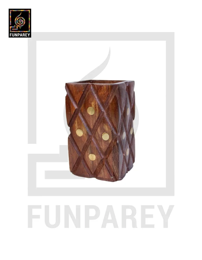 Hand Carved Square Shaped Wooden Accessory jar with Brass Work