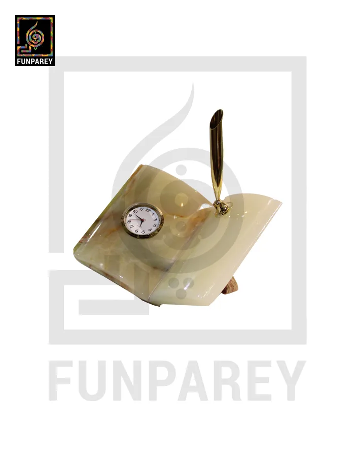 Onyx Stone Book Shaped Table Clock with Pen Holder