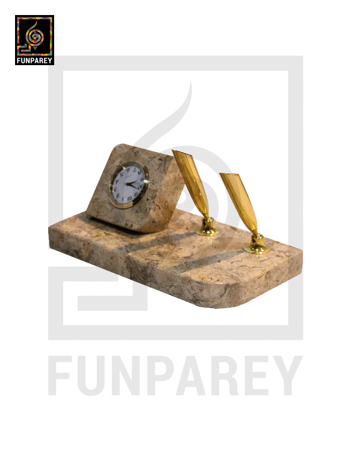 Coral Stone Decorative Table Top Pen Holder with Time Piece
