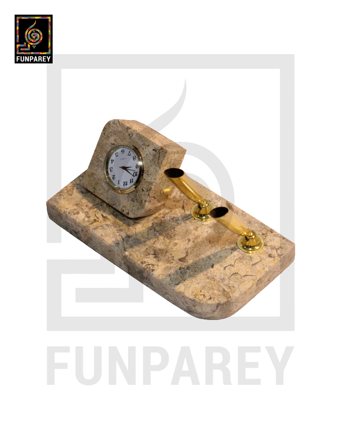 Coral Stone Decorative Table Top Pen Holder with Time Piece
