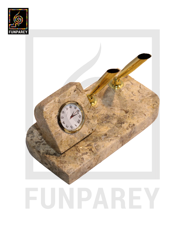 Coral Stone Decorative Table Top Pen Holder with Time Piece