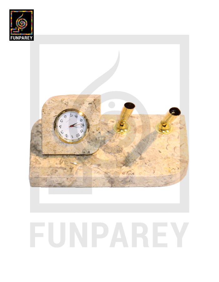 Coral Stone Decorative Table Top Pen Holder with Time Piece
