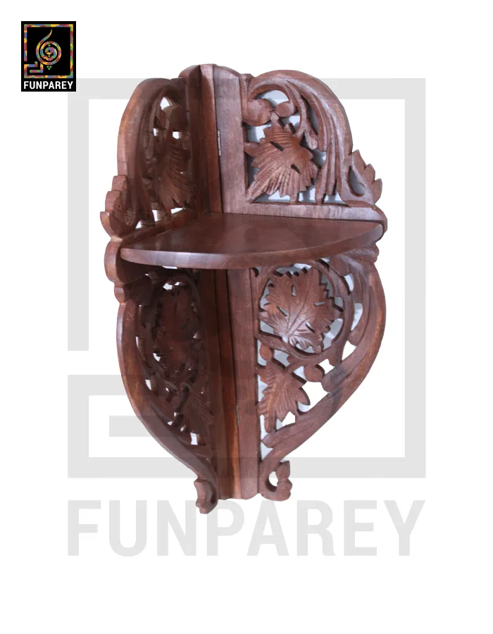 Hand Carved Wooden Corner Wall Shelf Large