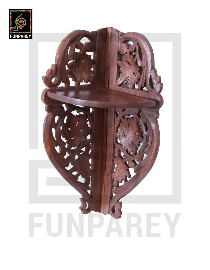 Hand Carved Wooden Corner Wall Shelf Large