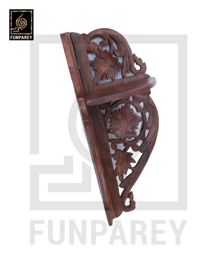 Hand Carved Wooden Corner Wall Shelf Large