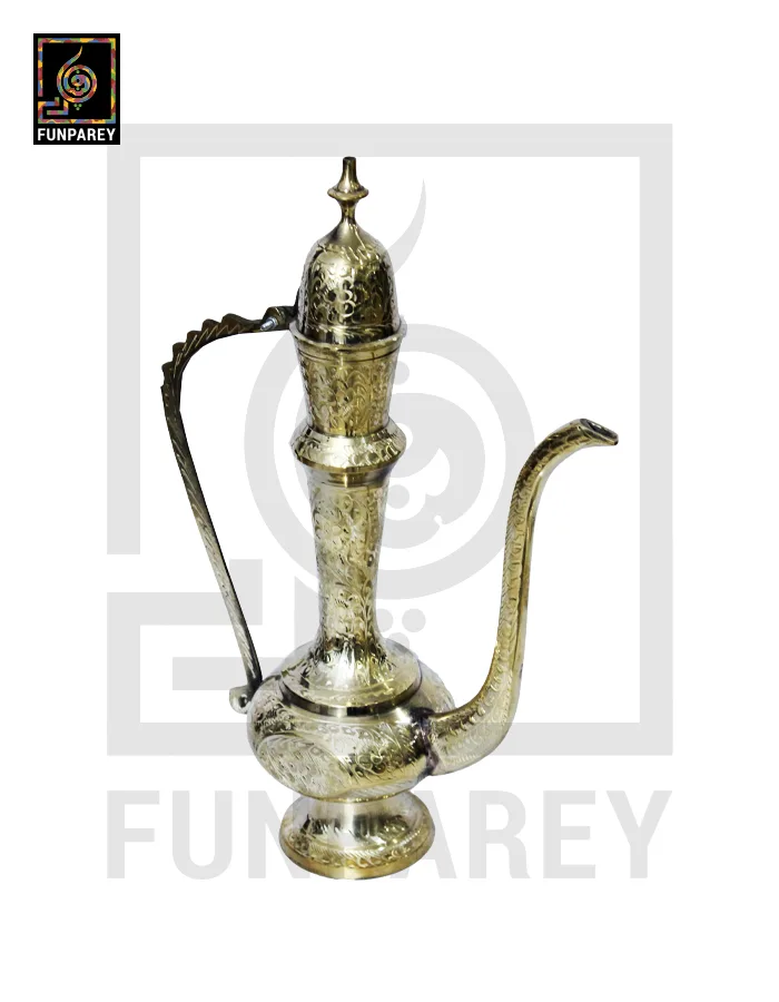 Vintage Golden Brass Pitcher 14" With Etched Motif