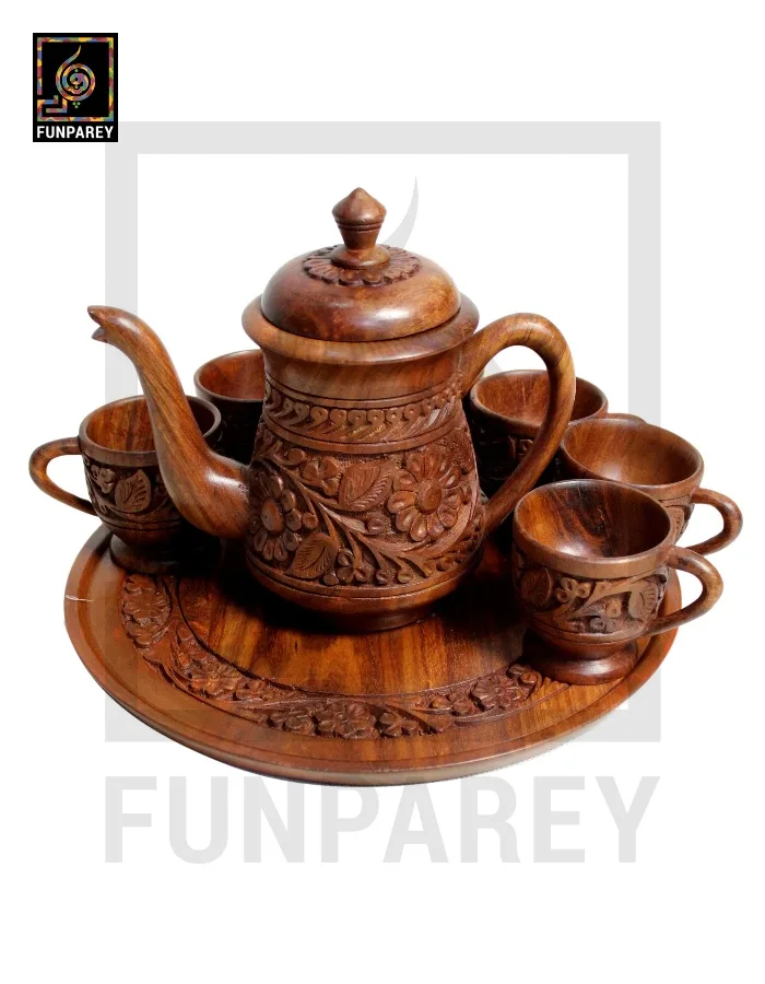 Hand Carved Premium Wooden Tea Set with Circular Tray
