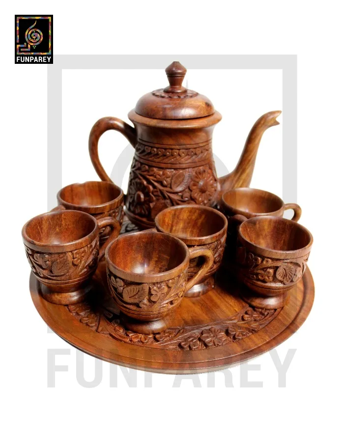 Hand Carved Premium Wooden Tea Set with Circular Tray