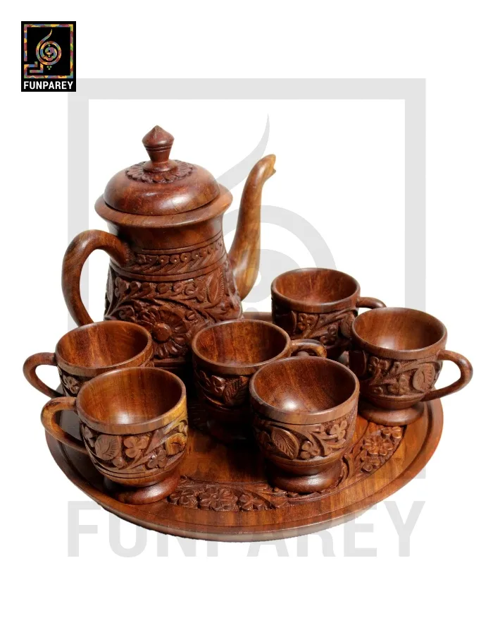 Hand Carved Premium Wooden Tea Set with Circular Tray