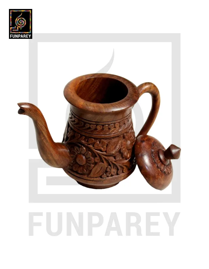 Hand Carved Premium Wooden Tea Set with Circular Tray