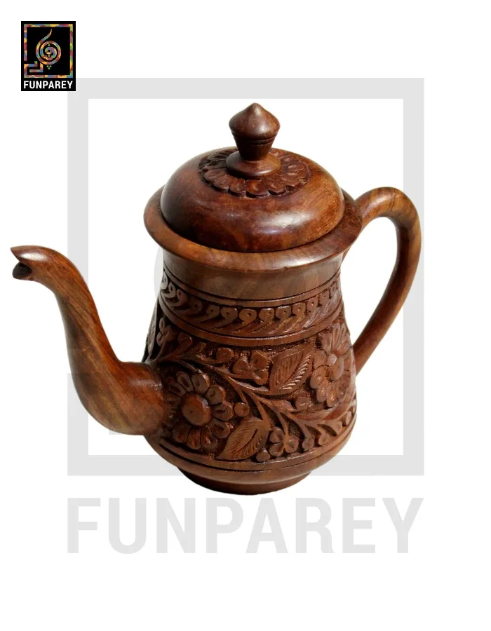 Hand Carved Premium Wooden Tea Set with Circular Tray