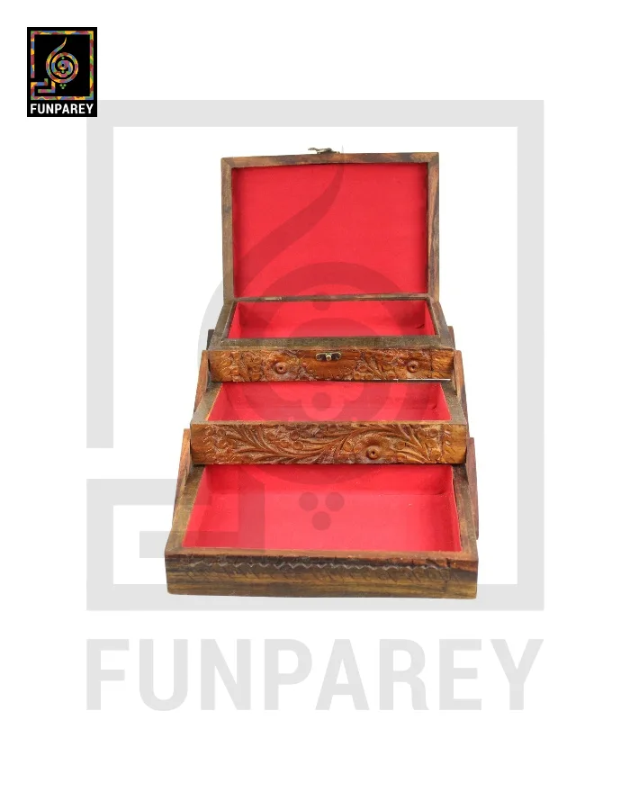 Hand Carved Wooden Premium 3 Tiered Trinket Box 7/10