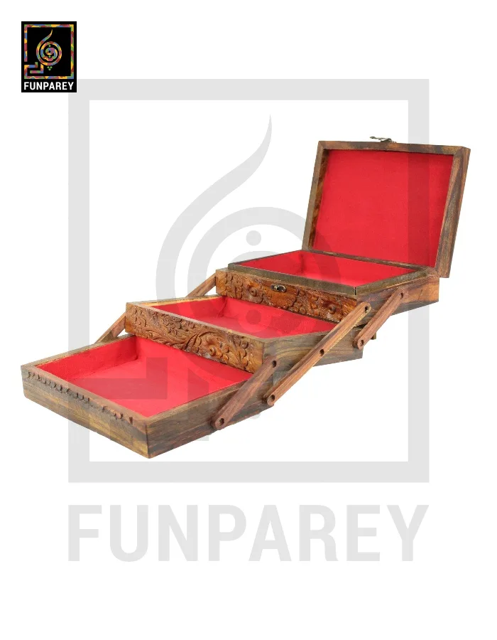 Hand Carved Wooden Premium 3 Tiered Trinket Box 7/10
