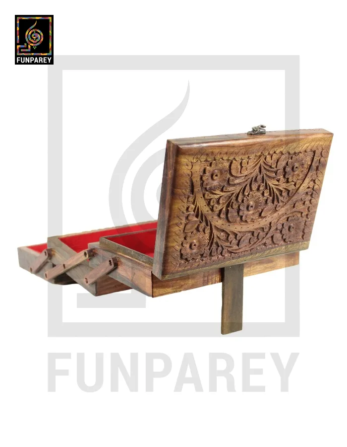 Hand Carved Wooden Premium 3 Tiered Trinket Box 7/10