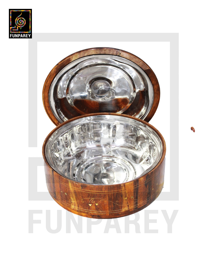 Steel Lined Wooden Hot Pot with Brass Work