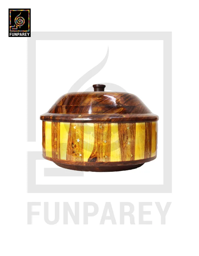 Steel Lined Checkered Wooden Hot Pot With Brass Work