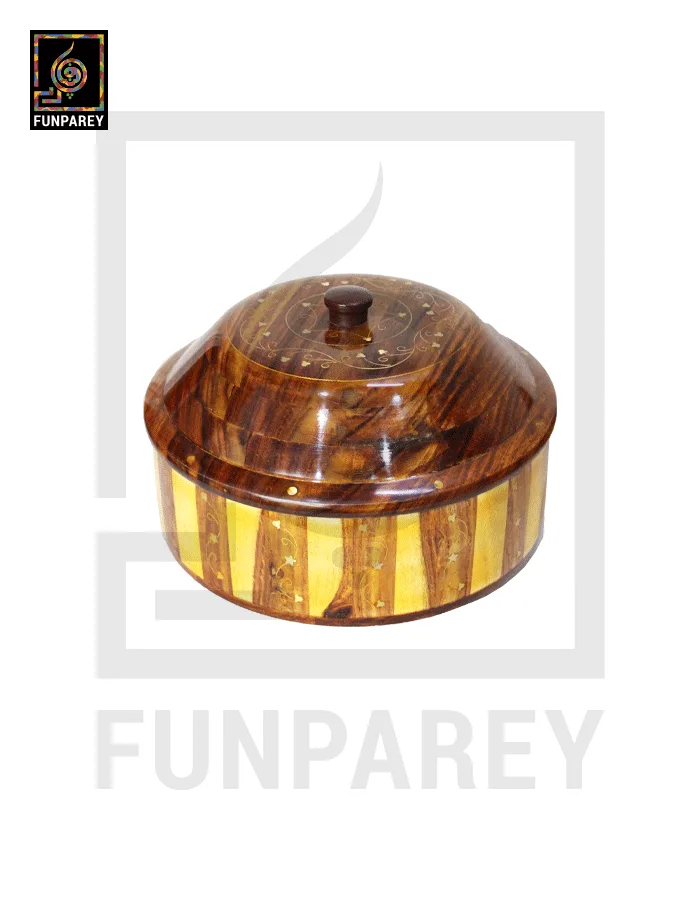 Steel Lined Checkered Wooden Hot Pot With Brass Work