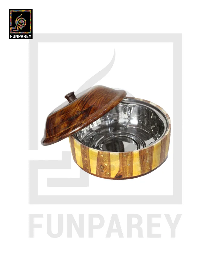 Steel Lined Checkered Wooden Hot Pot With Brass Work