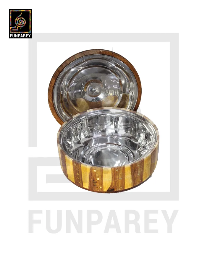 Steel Lined Checkered Wooden Hot Pot With Brass Work