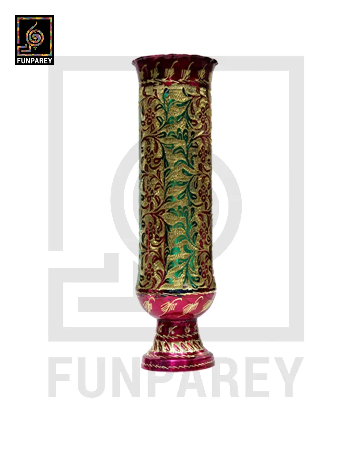Handmade 16" Cylindrical Brass Vase Pair 'Floral Motif'