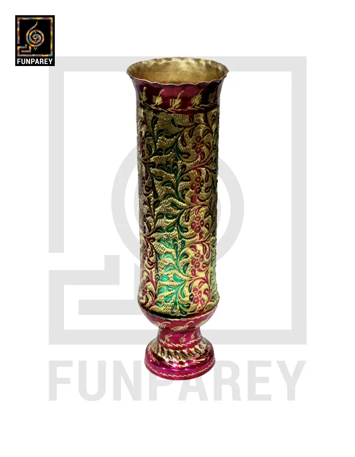 Handmade 16" Cylindrical Brass Vase Pair 'Floral Motif'