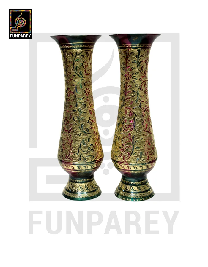 Handmade 14" Brass Vase Pair 'Floral Motif'