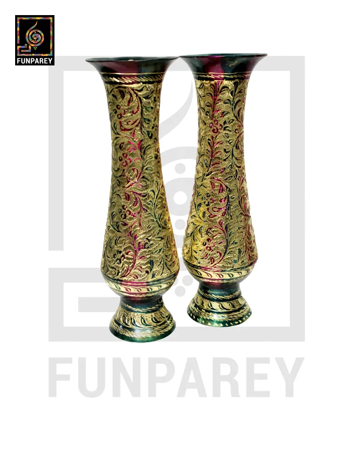 Handmade 14" Brass Vase Pair 'Floral Motif'