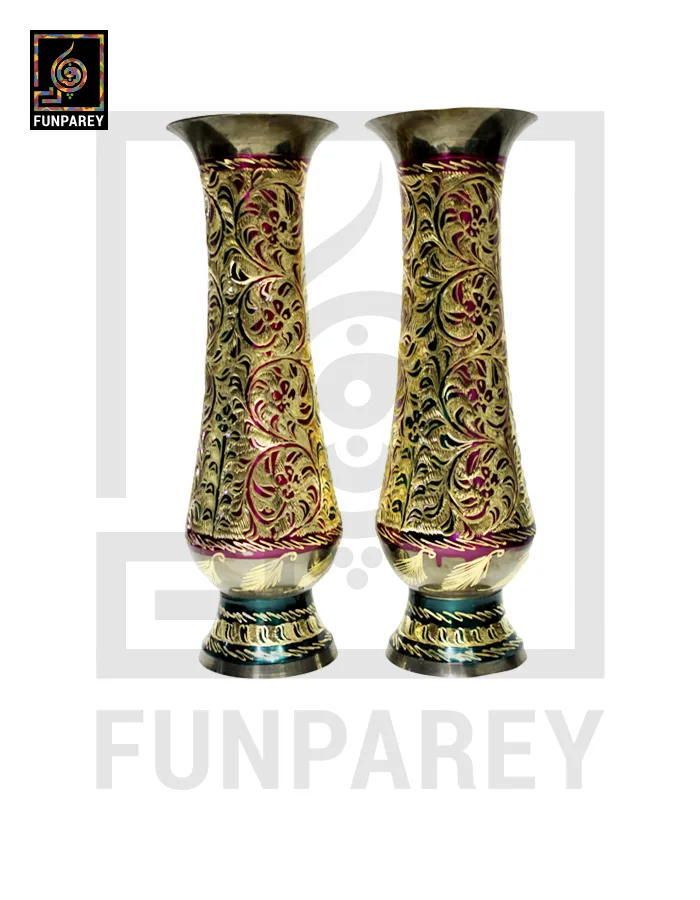 Handmade 14" Brass Vase Pair 'Floral Motif'