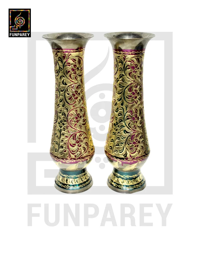 Handmade 14" Brass Vase Pair 'Floral Motif'
