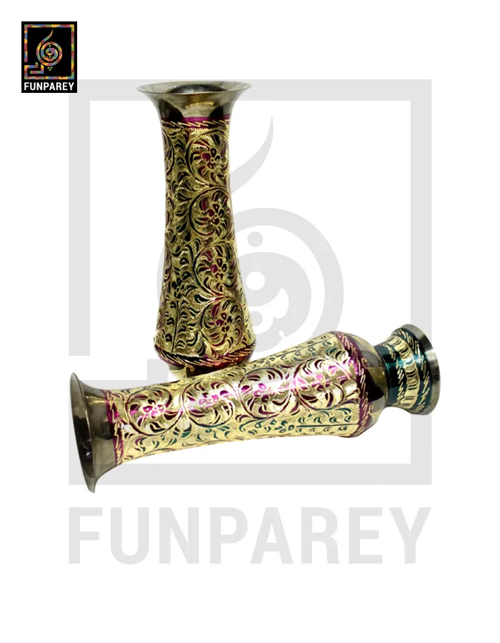 Handmade 14" Brass Vase Pair 'Floral Motif'