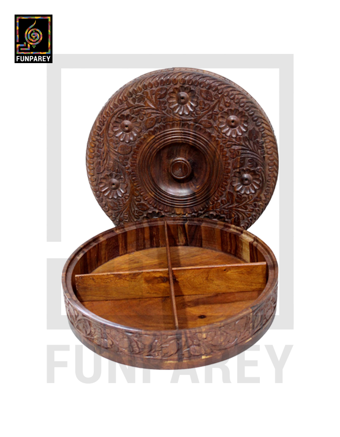 14" Hand Carved Wooden Dry Fruit Bowl With Compartments