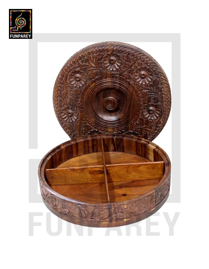 14" Hand Carved Wooden Dry Fruit Bowl With Compartments