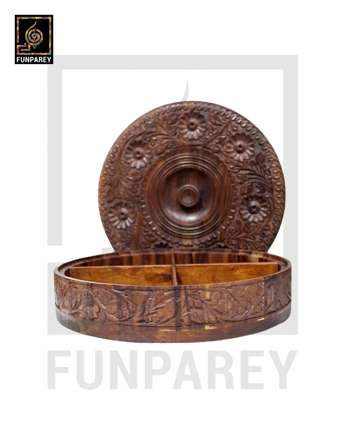 14" Hand Carved Wooden Dry Fruit Bowl With Compartments