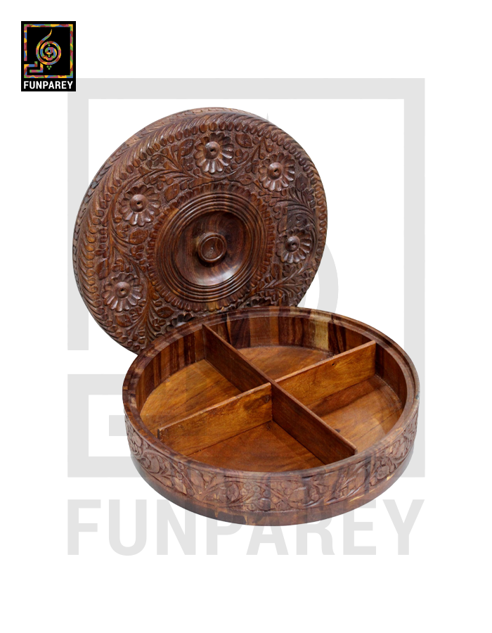 14" Hand Carved Wooden Dry Fruit Bowl With Compartments