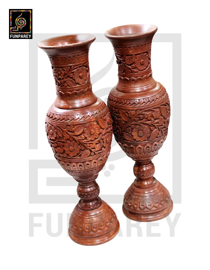 Hand Carved Premium Wooden Vase Pair 22"
