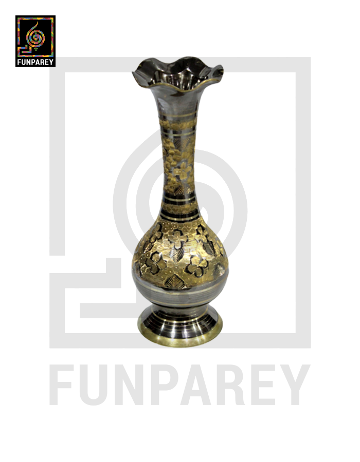 Handmade 14" Sleek Throat Brass Vase Pair 'Etched Motif'