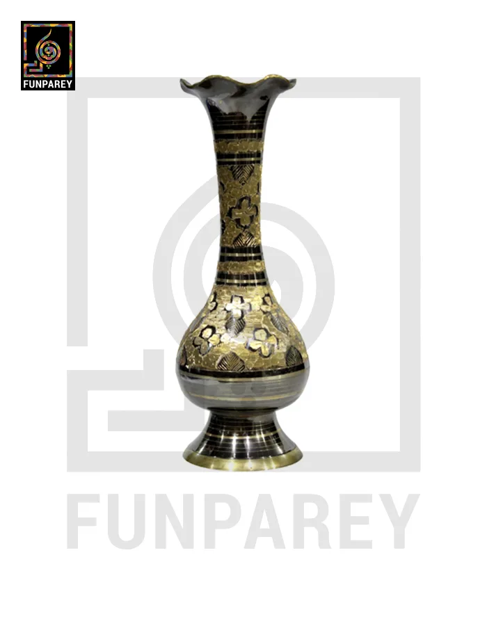 Handmade 14" Sleek Throat Brass Vase Pair 'Etched Motif'