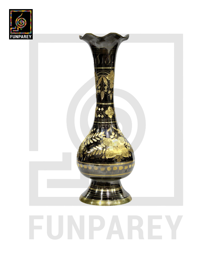 Handmade 14" Sleek Throat Brass Vase Pair 'Etched Pastoral'