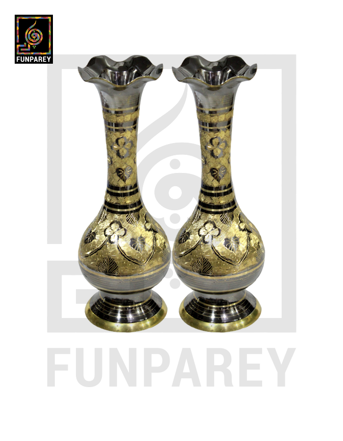 Handmade 14" Sleek Throat Brass Vase Pair 'Etched Blossom'