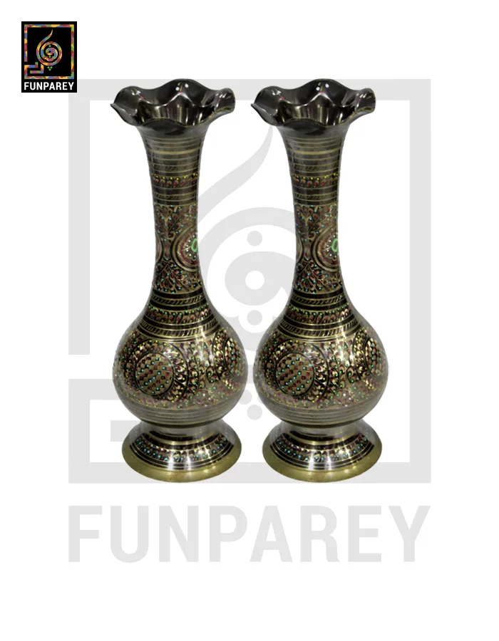 Handmade 14" Sleek Throat Brass Vase Pair 'Etched Rangoon'