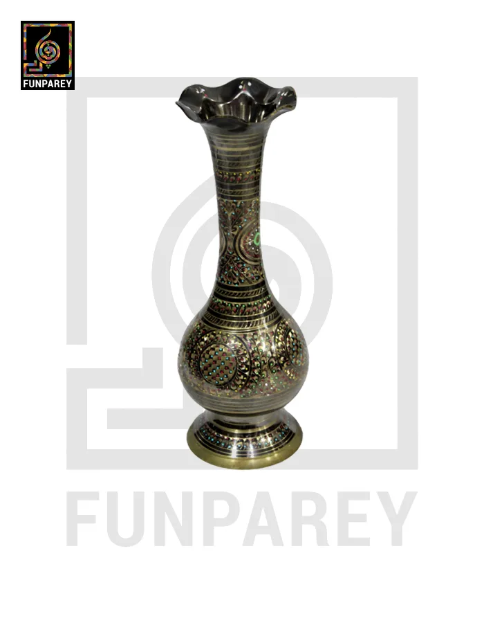 Handmade 14" Sleek Throat Brass Vase Pair 'Etched Rangoon'