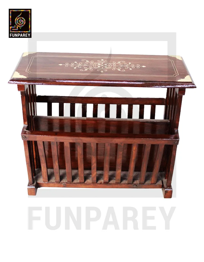 Handmade Wooden Magazine Rack 20" Rectangular with Brass Work