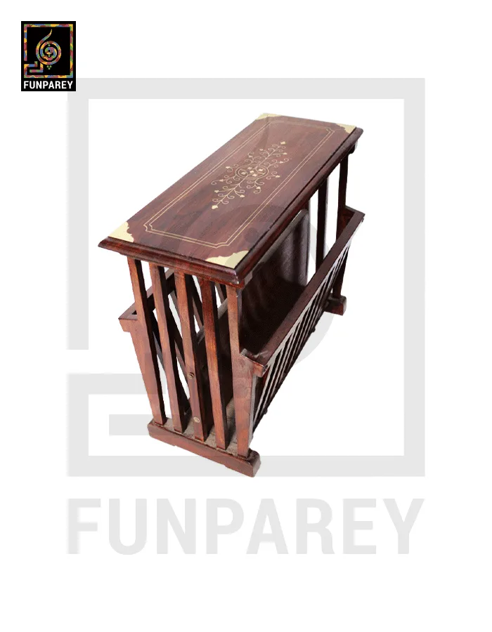 Handmade Wooden Magazine Rack 20" Rectangular with Brass Work