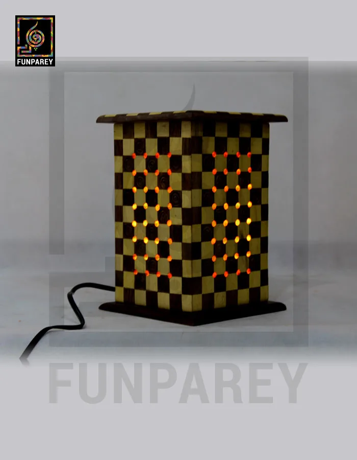Hand Carved Wooden Lamp Large With Chequered Design